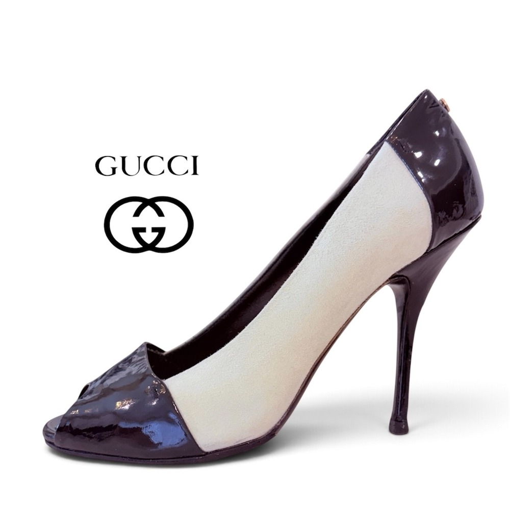 Gucci Size 38C Off White Black Patent Leather and Suede Peep Toe Pumps